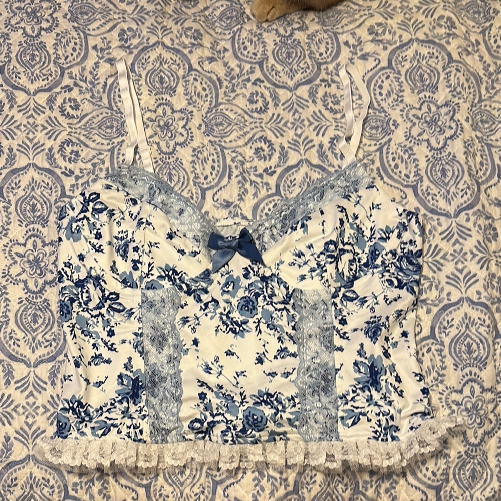 SHEIN Blue and White Fitted Ruffled Camisole